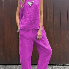 批发2024春<b class='q'>夏</b>季新品棉麻时尚休闲宽松两件套无袖上衣宽松长裤女款套装