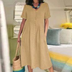 批发2024春夏新款亚马逊独立站速卖通eBay新款纯色宽松高腰<b class='q'>棉麻</b>连衣裙