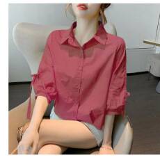 批发2024夏季新款宽松透气时尚上衣灯笼袖衬衣韩版五分袖<b class='q'>衬衫女</b>