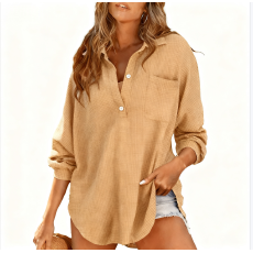 批发2025<b class='q'>欧美</b>跨境秋冬<b class='q'>女</b>装独立站新款长袖纯色V领纽扣<b class='q'>T</b><b class='q'>恤</b>上衣