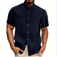 批发亚马逊 独立站 WISH欧美跨境夏季新款翻领纯色棉麻短袖男士衬衫