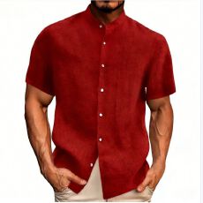 亚马逊 独立站 WISH欧美跨境夏季新款翻领纯色棉麻短袖男士衬衫