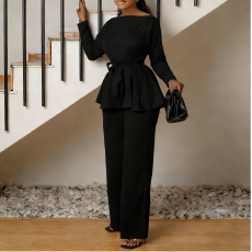 批发2026欧美东南亚跨境新款纯色长袖绑带上衣高腰时尚休闲套<b class='q'>装</b>女批发