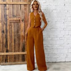 批发2026跨境<b class='q'>欧美</b>两件套女外贸大码女装纯色纽扣背心套装女