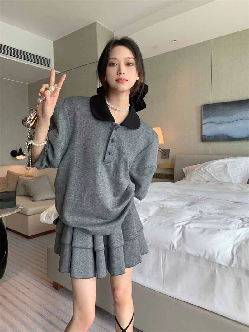 FA32994# 新款灰色polo领上衣短裙套装女夏款个性T恤半身裙可盐可甜两件套 服裝批發女裝批發服飾貨源