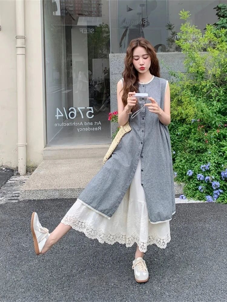 FA32998# 氛围感背心连衣裙套装女夏季巨好看大方得体蕾丝花边阔腿裤两件套 服裝批發女裝批發服飾貨源