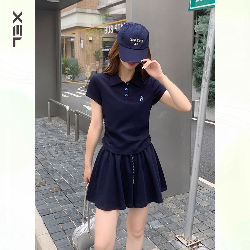 RY3830#时尚休闲短裤裙套装女夏夏季洋气减龄polo衫短袖两件套