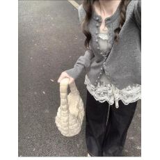 批发韩系复古灰色针织开衫女<b class='q'>春</b>秋新款设计感上衣洋气独特别致毛衣外套