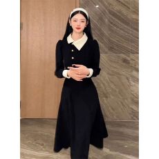 批发新中式国风2025新款法式黑色连衣裙女早秋冬季穿搭小个子收腰长裙