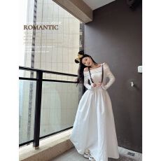 批发法式一字肩<b class='q'>长</b>袖白色连衣<b class='q'>裙子</b>质感高级感2025年新款早秋季气质<b class='q'>长</b><b class='q'>裙</b>