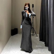 批发韩系撞色半开领针织连衣裙女秋冬季新款设计感小众气质包臀<b class='q'>长</b><b class='q'>裙子</b>