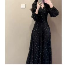 批发法式黑色v领<b class='q'>波点</b>长袖<b class='q'>连衣裙</b>子早秋季2025新款巨好看气质收腰长裙