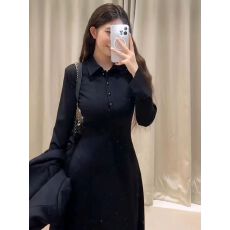 批发小个子长袖黑色连衣裙子女秋2025新款打底内搭<b class='q'>衬衫</b>长裙