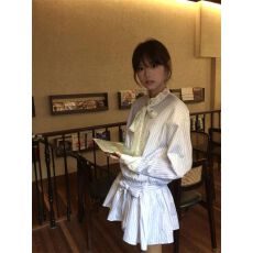 批发韩系甜美学院风条纹拼接<b class='q'>长袖</b>衬衫连衣裙女秋季收腰显瘦A字短裙子