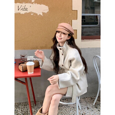 立领短款毛呢外套女2025秋冬新款小个子廓形系带毛呢呢子