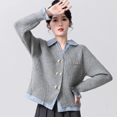 批发假两件POLO领毛衣女春秋2025新款学院风拼接<b class='q'>针织</b><b class='q'>开衫</b>外套<b class='q'>短款</b>上衣
