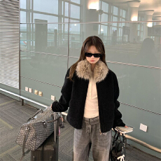 气质仿羊羔毛长袖外套女冬季2025新款设计感宽松显瘦拉链开衫上衣