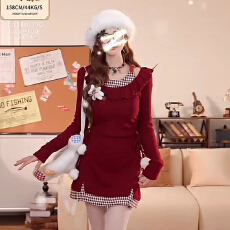 批发辣妹圣诞红色格子荷叶连衣裙长袖针织冬季新款收腰显瘦短裙