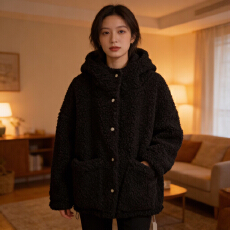 批发氛围感黑色颗粒绒羊羔毛连帽加厚毛呢外套女2025秋冬廓形毛毛大衣