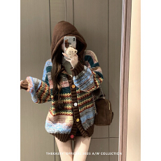 批发2025秋冬新款微胖设计感撞色连帽针织开衫慵懒风毛