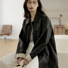 批发黑色气质条纹拼接PU皮衣女2025初春新款韩版中长款风衣长袖