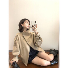 批发新款气质名媛高级感轻奢双排扣立领短款风衣<b class='q'>通勤</b>款韩系百搭