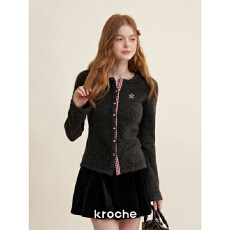 批发羊绒拼接格纹修身圆领针织开衫上衣