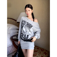 批发气质休闲一字肩包臀连衣裙字母印花露肩长袖<b class='q'>卫衣</b>裙辣妹收