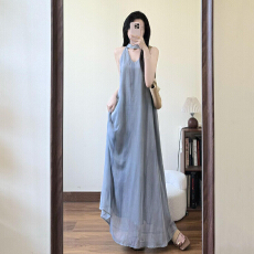 批发清冷感温柔风<b class='q'>蓝色</b>v领无袖<b class='q'>连衣裙</b>海边度假绝美巨好看宽松气