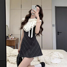 批发夏季新款法式复古蝴蝶结格纹气质修身小众设计