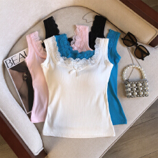 批发【带胸垫】纯欲小香风白色方领蕾丝边吊带<b class='q'>背心女</b>夏韩系洋