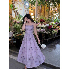 批发法式气质吊带<b class='q'>连衣裙</b>女2026蝴蝶印花新款收腰显瘦不规则辣