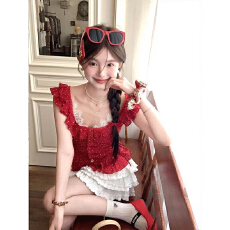 批发【官图 原版布料】红色圆领小飞袖<b class='q'>波点</b><b class='q'>衬衣</b>显白荷叶边上