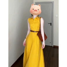 温柔度假风黄色连衣裙女夏季优雅名媛无袖polo领收腰气质