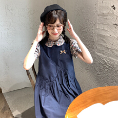 批发甜美学院风假两件格子<b class='q'>连衣裙</b>夏季大童女装可爱娃娃领泡泡