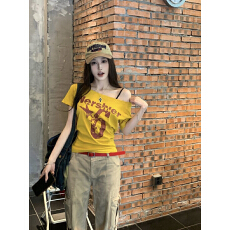 批发美式辣妹斜肩<b class='q'>露肩</b>女夏季修身上衣