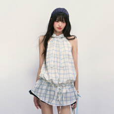 批发法式减龄<b class='q'>蝴蝶结</b>格子挂脖连衣裙女夏季气质休闲显瘦小众A字
