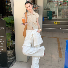 批发复古翻领插兜短袖衬衫外套女设计感小众<b class='q'>短款</b>小衫工装夏季
