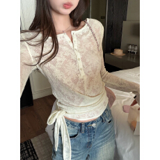 批发蕾丝修身显瘦上衣女绑带亨利<b class='q'>长袖</b><b class='q'>T</b><b class='q'>恤</b>