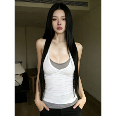 批发美式<b class='q'>街头</b>辣妹百搭撞色拼接假两件挂脖吊带背心简约修身显