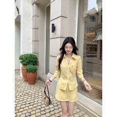 批发棉麻刺绣衬衫女夏季新款韩系穿搭明媚黄色半身短裙两件套
