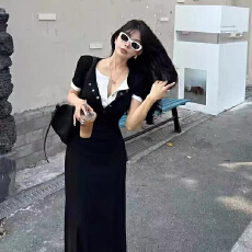批发法式气质<b class='q'>假两件</b>v领短袖<b class='q'>连衣裙</b>女夏季新