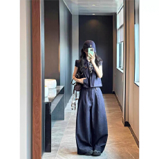 批发韩系学院风复古泡泡袖仿牛仔衬衫上衣<b class='q'>女</b>夏季<b class='q'>直筒</b>休闲阔腿裤子套装