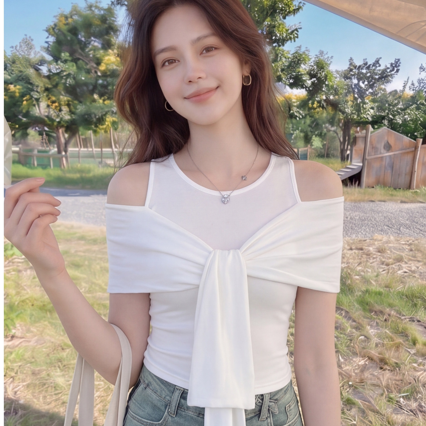 拼接披肩假两件圆领无袖T恤女设计感修身短款 服裝批發女裝批發服飾貨源