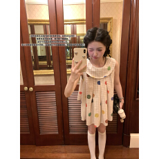 批发日系复古无袖娃娃衫夏季波点<b class='q'>格子衬衫</b>女娃娃领显瘦童趣衬衫