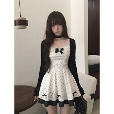 批发 日系甜美少女千金波点蝴蝶结连衣裙套装学生夏季开衫两件