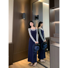 批发小众撞色假两件长袖<b class='q'>连衣裙</b>女秋季气质显瘦<b class='q'>修身</b>包臀裙辣妹a字长裙