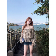 批发美式复古豹纹露肩小衫女秋季荷叶边收腰显瘦喇叭长袖宽松<b class='q'>雪纺上衣</b>