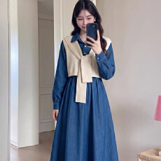 批发法式POLO领灯芯绒马甲<b class='q'>连衣裙</b>秋冬学院风显瘦打底裙两件套