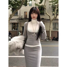 批发秋冬辣妹修身<b class='q'>连衣裙</b>套装女显身材灰色<b class='q'>假两件</b>长袖上衣半身裙两件套